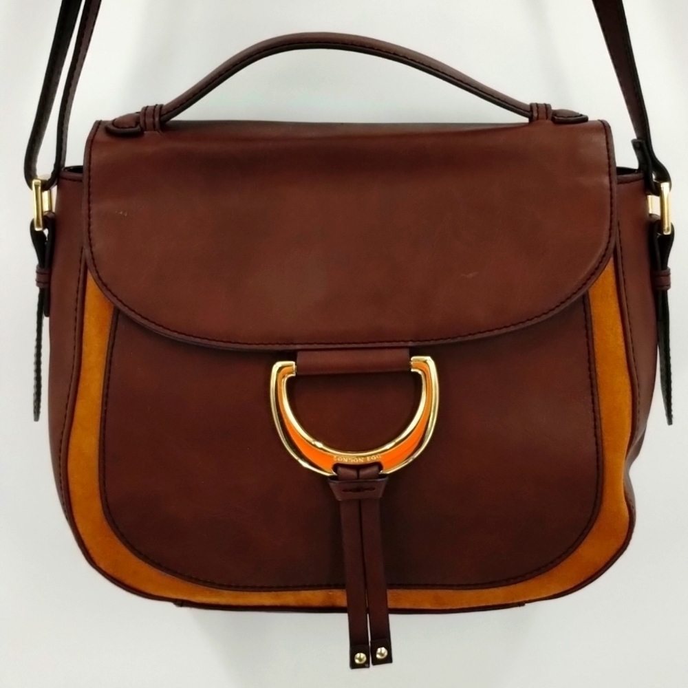 London Fog crossbody shoulder satchel handbag two tone brown flap over